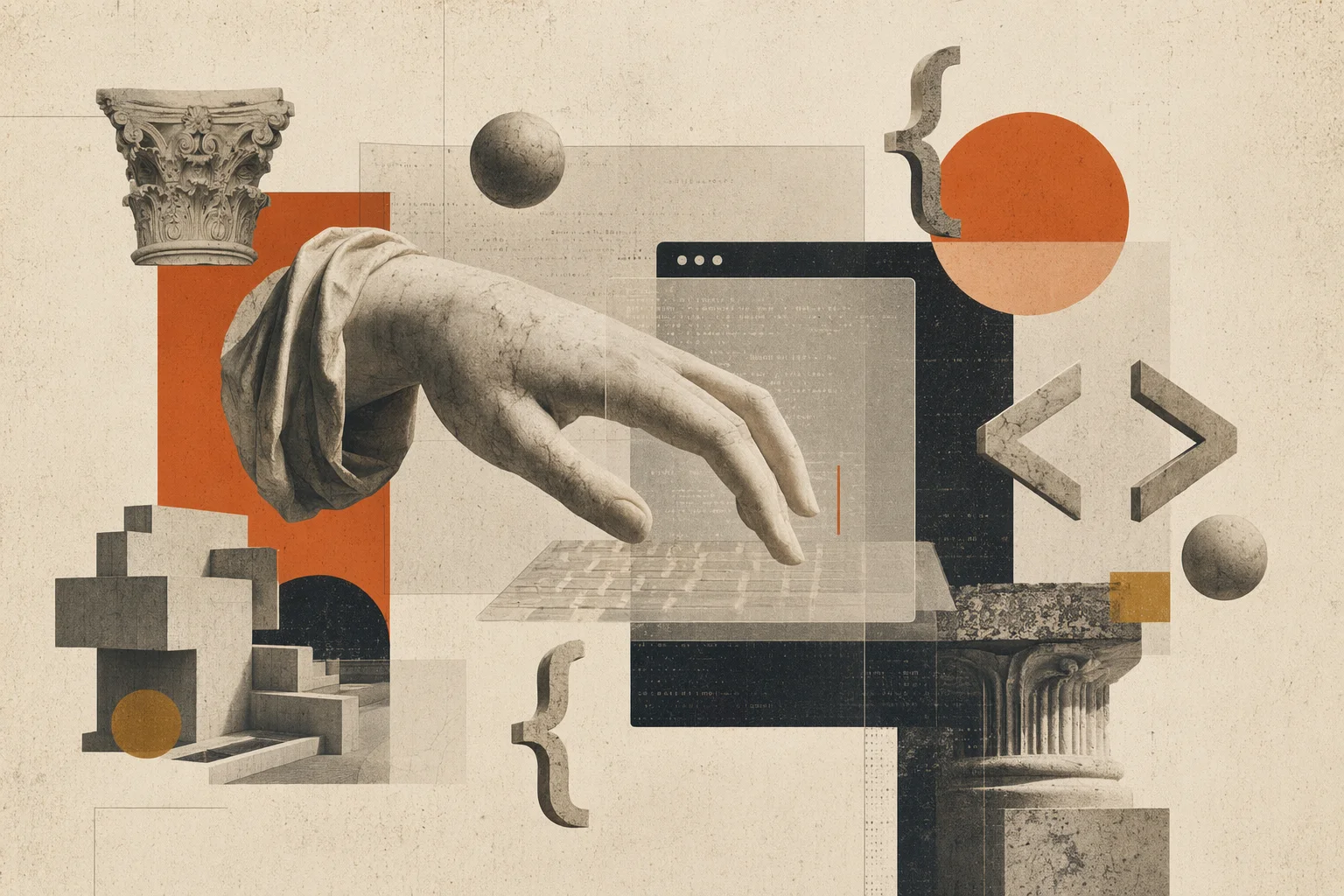 Code and digital — marble hand typing, floating braces