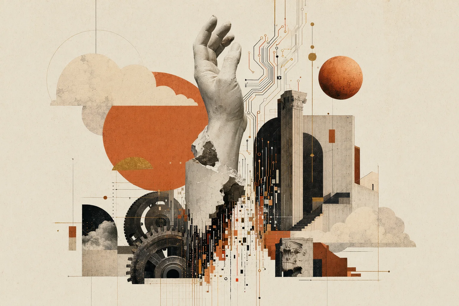 Factory floor to cloud — neo-classical editorial illustration