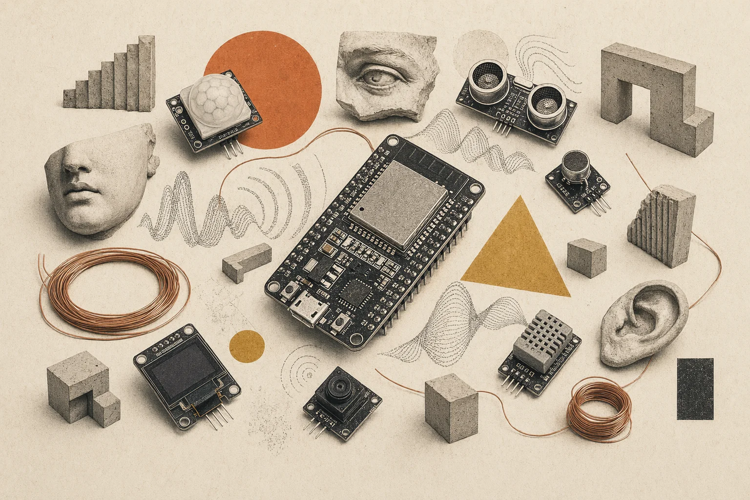 IoT hardware collage — ESP32, sensors, classical fragments