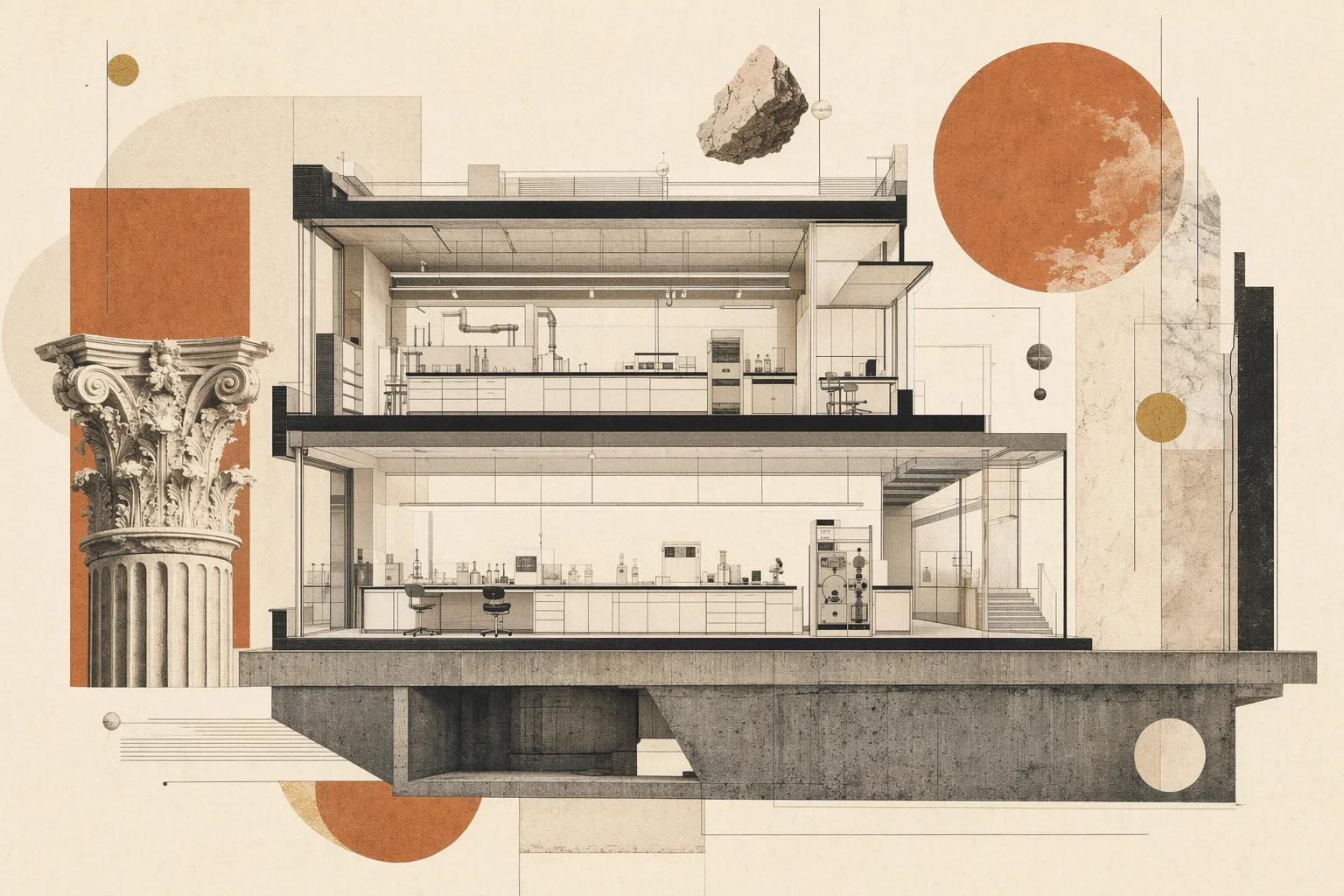 Test laboratory cross-section — brutalist architecture